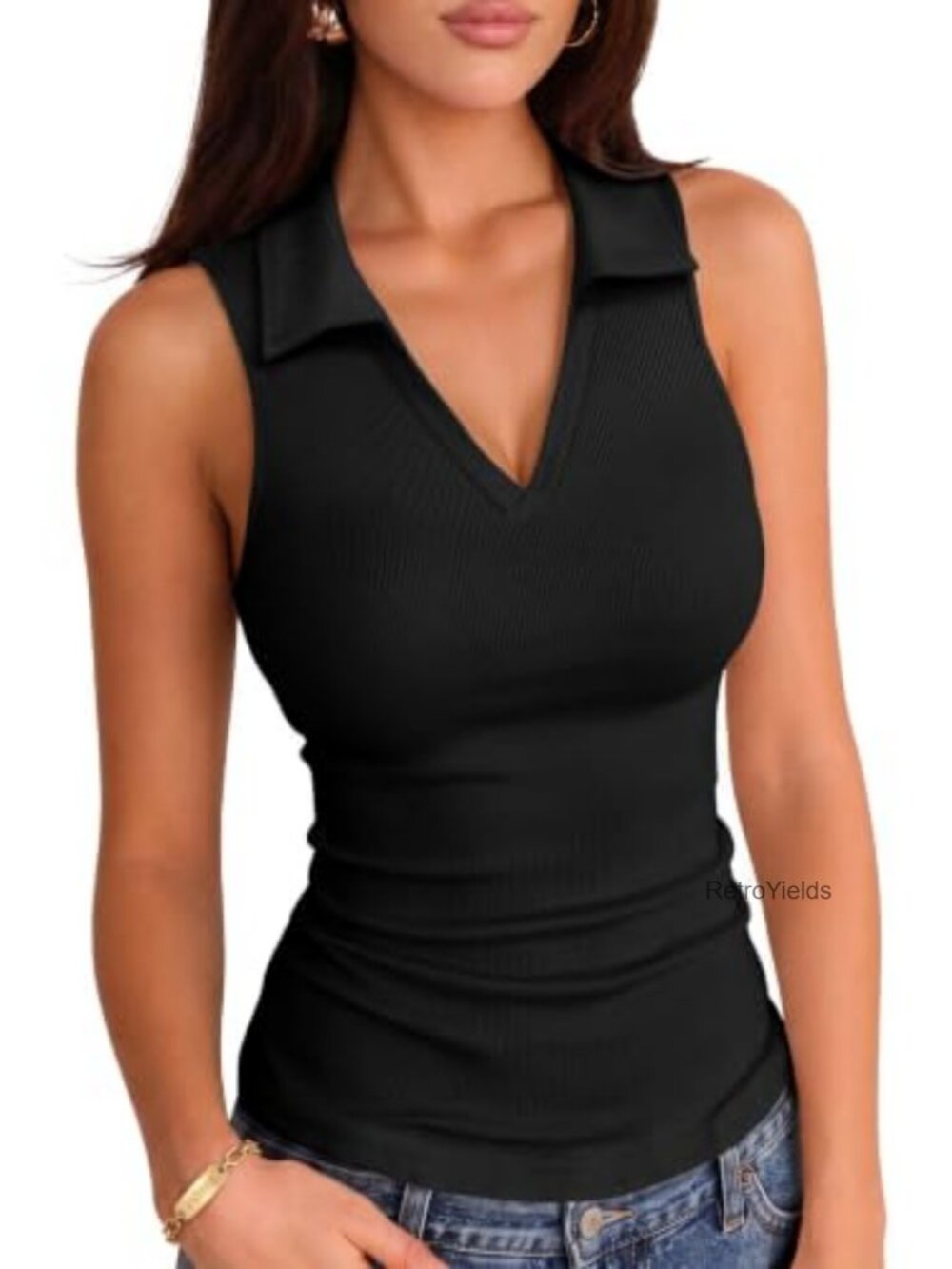 Women's Ribbed Knit Fitted Polo Tank Top Sleeveless
